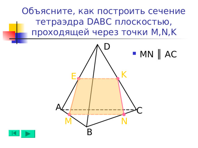 Объясните, как построить сечение тетраэдра DABC плоскостью, проходящей через точки M,N,K D MN ║ AC K E А C M N B 