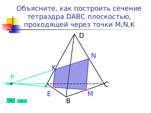 Объясните, как построить сечение тетраэдра DABC плоскостью, проходящей через точки M,N,K D N K Р C А Е M B 