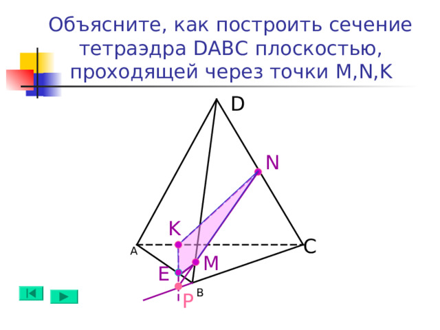 Объясните, как построить сечение тетраэдра DABC плоскостью, проходящей через точки M,N,K D N K C А M Е B Р 