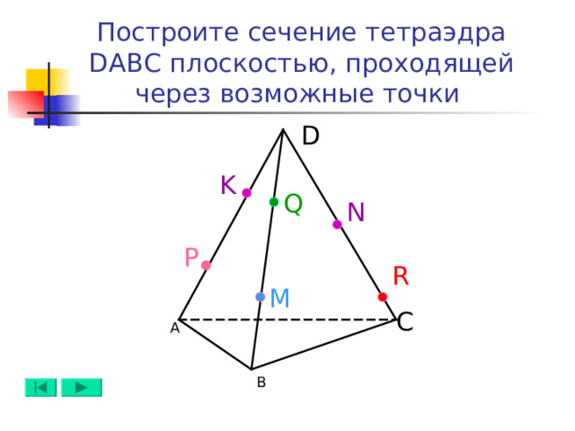 Построите сечение тетраэдра DABC плоскостью, проходящей через возможные точки  D K Q N Р R M C А B 