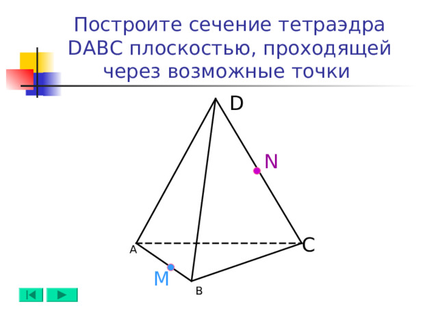 Построите сечение тетраэдра DABC плоскостью, проходящей через возможные точки  D N C А M B 