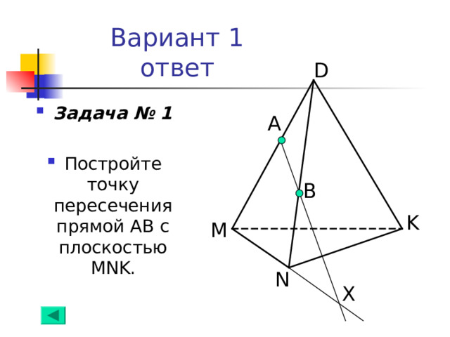 Вариант 1  ответ D Задача № 1  Постройте точку пересечения прямой АВ с плоскостью MNK . А B K M N Х 