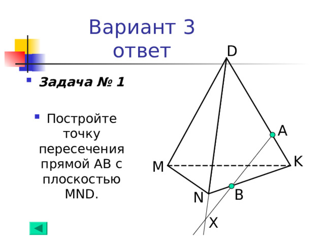 Вариант 3  ответ D Задача № 1  Постройте точку пересечения прямой АВ с плоскостью MND . А K M B N Х 