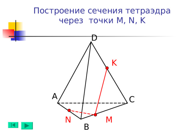 Построение сечения тетраэдра через точки M, N, K D K А C M N B 