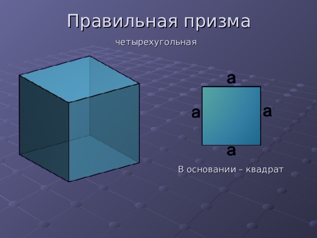 Правильная призма четырехугольная В основании – квадрат 