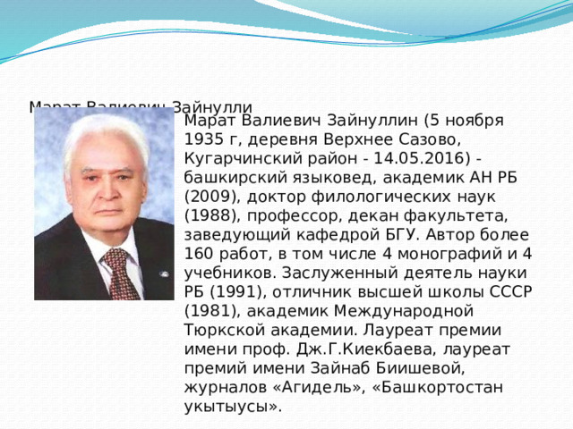 Марат Валиевич Зайнулли Марат Валиевич Зайнуллин (5 ноября 1935 г, деревня Верхнее Сазово, Кугарчинский район - 14.05.2016) - башкирский языковед, академик АН РБ (2009), доктор филологических наук (1988), профессор, декан факультета, заведующий кафедрой БГУ. Автор более 160 работ, в том числе 4 монографий и 4 учебников. Заслуженный деятель науки РБ (1991), отличник высшей школы СССР (1981), академик Международной Тюркской академии. Лауреат премии имени проф. Дж.Г.Киекбаева, лауреат премий имени Зайнаб Биишевой, журналов «Агидель», «Башкортостан укытыусы». 