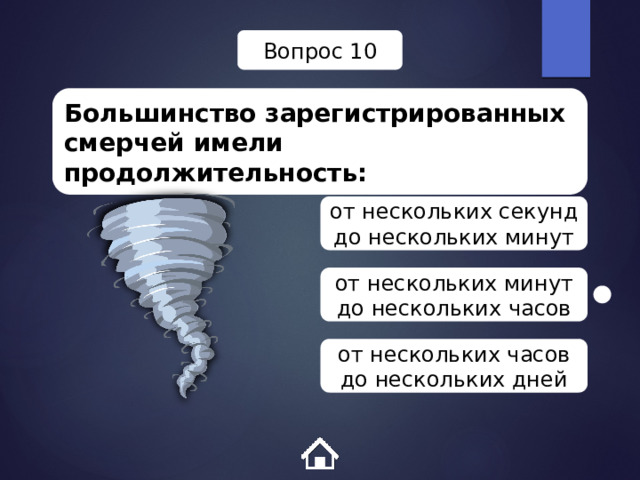 Вопрос 10 Большинство зарегистрированных смерчей имели продолжительность: от нескольких секунд до нескольких минут от нескольких минут до нескольких часов от нескольких часов до нескольких дней 