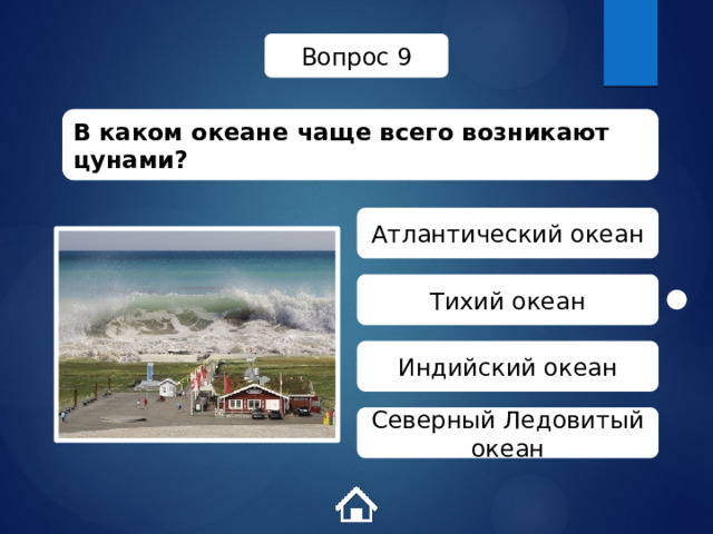 Вопрос 9 В каком океане чаще всего возникают цунами? Атлантический океан Тихий океан Индийский океан Северный Ледовитый океан 