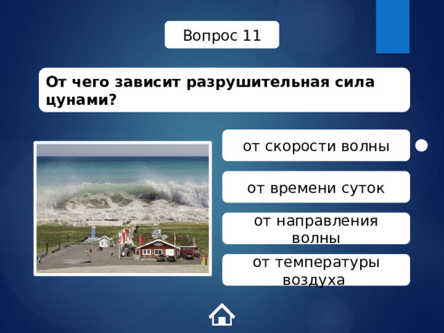 Вопрос 11 От чего зависит разрушительная сила цунами? от скорости волны от времени суток от направления волны от температуры воздуха 