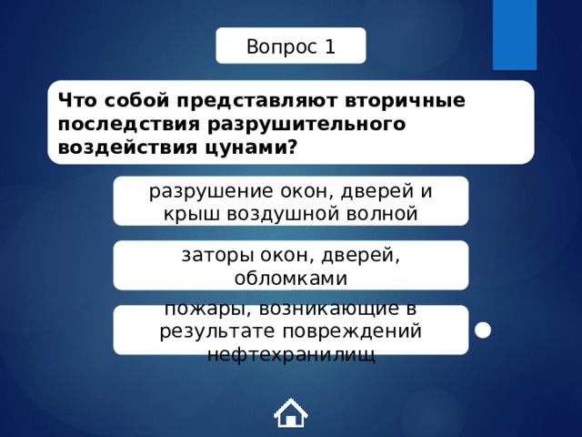 Вопрос 1 Что собой представляют вторичные последствия разрушительного воздействия цунами? разрушение окон, дверей и крыш воздушной волной заторы окон, дверей, обломками пожары, возникающие в результате повреждений нефтехранилищ 
