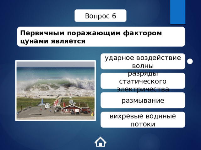 Вопрос 6 Первичным поражающим фактором цунами является ударное воздействие волны разряды статического электричества размывание вихревые водяные потоки 