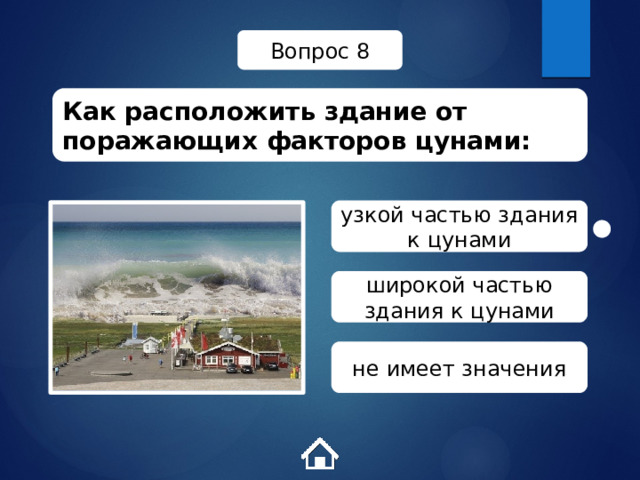 Вопрос 8 Как расположить здание от поражающих факторов цунами: узкой частью здания к цунами широкой частью здания к цунами не имеет значения 