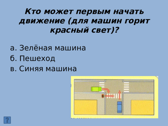 Кто может первым начать движение (для машин горит красный свет)? а. Зелёная машина б. Пешеход в. Синяя машина 