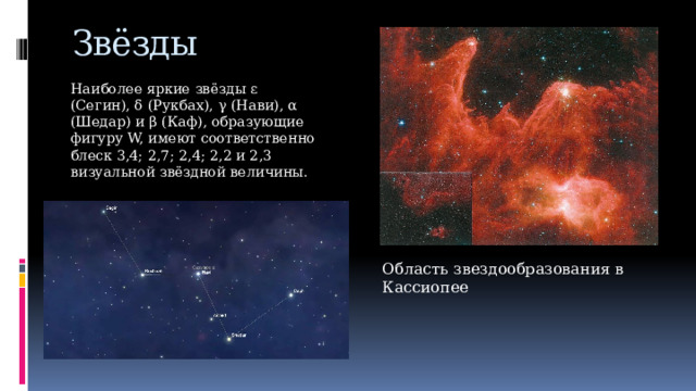 Звёзды Наиболее яркие звёзды ε (Сегин), δ (Рукбах), γ (Нави), α (Шедар) и β (Каф), образующие фигуру W, имеют соответственно блеск 3,4; 2,7; 2,4; 2,2 и 2,3 визуальной звёздной величины. Область звездообразования в Кассиопее 