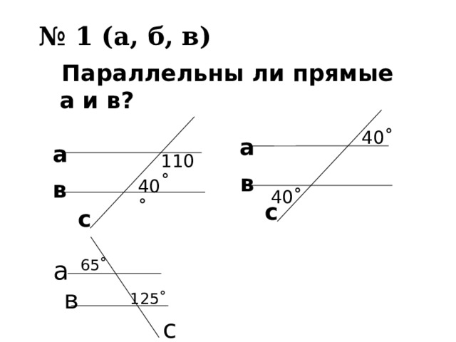 № 1 (а, б, в)  Параллельны ли прямые а и в? 40 ˚ а а 110 ˚ в 40 ˚ в 40 ˚ с с а 65˚ в 125˚ с 