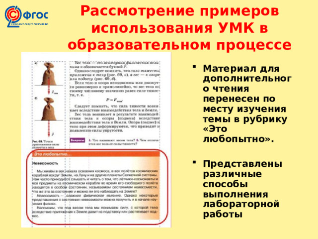 Рассмотрение примеров использования УМК в образовательном процессе Материал для дополнительного чтения перенесен по месту изучения темы в рубрику «Это любопытно».  Представлены различные способы выполнения лабораторной работы  