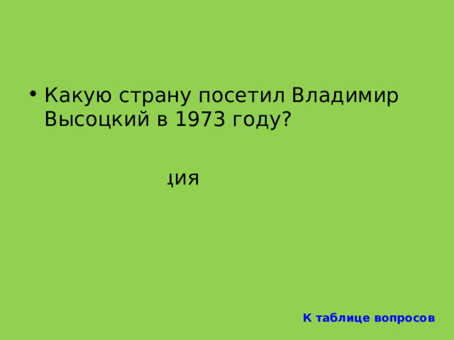 Какую страну посетил Владимир Высоцкий в 1973 году?  Франция К таблице вопросов 