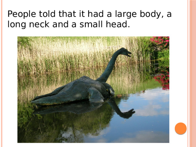 People told that it had a large body, a long neck and a small head. 