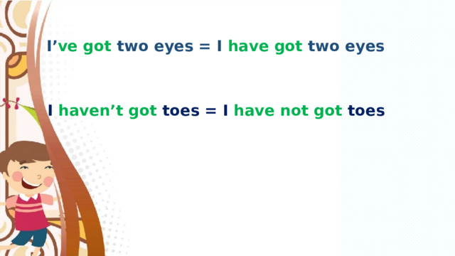 I’ ve got two eyes = I have got two eyes I haven’t got toes = I have not got toes 
