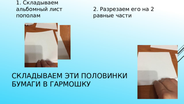 1. Складываем альбомный лист пополам 2. Разрезаем его на 2 равные части Складываем эти половинки бумаги в гармошку 