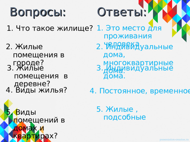Вопросы: Ответы: Вопросы: 1. Это место для проживания человека. 1. Что такое жилище? 2 . Индивидуальные дома, многоквартирные дома. 2 . Жилые помещения в городе? 3 . Индивидуальные дома. 3 . Жилые помещения в деревне? 4 . Постоянное, временное. 4 . Виды жилья? 5. Жилые , подсобные 5. Виды помещений в домах и квартирах? 