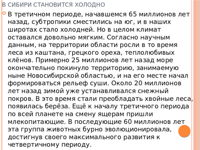 В СИБИРИ СТАНОВИТСЯ ХОЛОДНО В третичном периоде, начавшемся 65 миллионов лет назад, субтропики сместились на юг, и в наших широтах стало холодней. Но в целом климат оставался довольно мягким. Согласно научным данным, на территории области росли в то время леса из каштана, грецкого ореха, теплолюбивых клёнов. Примерно 25 миллионов лет назад море окончательно покинуло территорию, занимаемую ныне Новосибирской областью, и на его месте начал формироваться рельеф суши. Около 20 миллионов лет назад зимой уже устанавливался снежный покров. В это время стали преобладать хвойные леса, появилась берёза. Ещё к началу третичного периода по всей планете на смену ящерам пришли млекопитающие. В последующие 60 миллионов лет эта группа животных бурно эволюционировала, достигнув своего максимального развития к четвертичному периоду. 