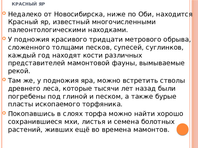 Красный яр Недалеко от Новосибирска, ниже по Оби, находится Красный яр, известный многочисленными палеонтологическими находками. У подножия красивого тридцати метрового обрыва, сложенного толщами песков, супесей, суглинков, каждый год находят кости различных представителей мамонтовой фауны, вымываемые рекой. Там же, у подножия яра, можно встретить стволы древнего леса, которые тысячи лет назад были погребены под глиной и песком, а также бурые пласты ископаемого торфяника. Покопавшись в слоях торфа можно найти хорошо сохранившиеся мхи, листья и семена болотных растений, живших ещё во времена мамонтов. 