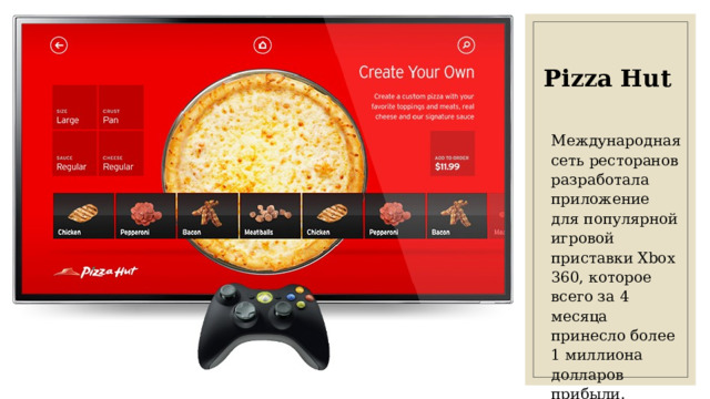 Pizza Hut Международная сеть ресторанов разработала приложение для популярной игровой приставки Xbox 360, которое всего за 4 месяца принесло более 1 миллиона долларов прибыли. 