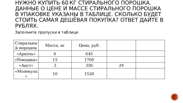 Нужно купить 60 кг стирального порошка. Данные о цене и массе стирального порошка в упаковке указаны в таблице. Сколько будет стоить самая дешёвая покупка? Ответ дайте в рублях.   Заполните пропуски в таблице Стиральный порошок Масса, кг «Ариэль» «Ромашка» Цена, руб. 6 15 645 «Аист» 1700 3 «Молекула» 10 350 20 1520 
