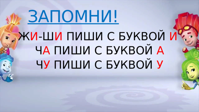 ЗАПОМНИ! Ж И -Ш И ПИШИ С БУКВОЙ И Ч А ПИШИ С БУКВОЙ А Ч У ПИШИ С БУКВОЙ У 
