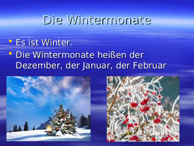 Die Wintermonate Es ist Winter. Die Wintermonate heißen der Dezember, der Januar, der Februar 