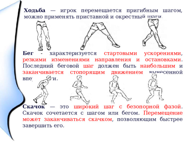 Ходьба — игрок перемещается пригибным шагом, можно применять приставной и окрестный шаги. Бег - характеризуется стартовыми ускорениями , резкими изменениями направления и остановками . Последний беговой шаг должен быть наибольшим и заканчивается стопорящим движением вынесенной вперед ноги. Скачок — это широкий шаг с безопорной фазой . Скачок сочетается с шагом или бегом. Перемещение может заканчиваться скачком , позволяющим быстрее завершить его. 