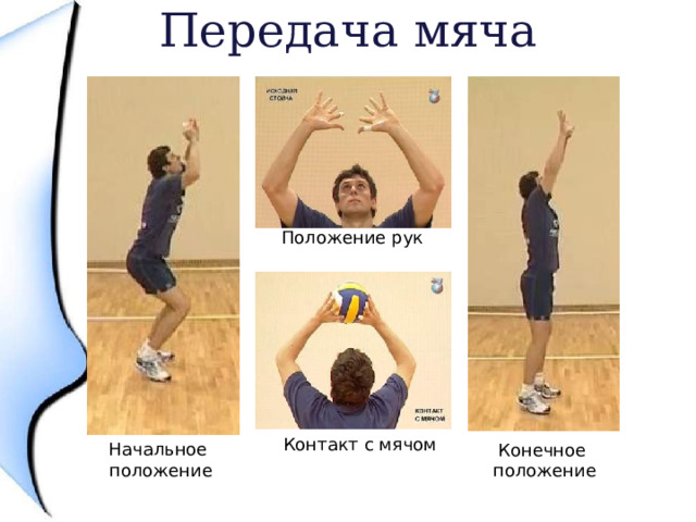 Передача мяча Положение рук Контакт с мячом Начальное положение Конечное положение 