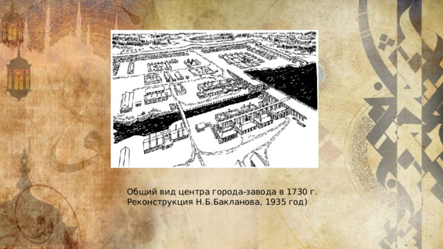 Общий вид центра города-завода в 1730 г.  Реконструкция Н.Б.Бакланова, 1935 год) 