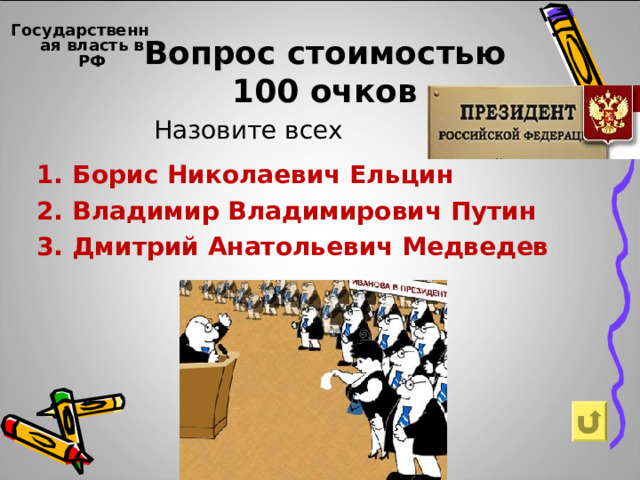 Вопрос стоимостью  100 очков Государственная власть в РФ    Назовите всех Борис Николаевич Ельцин Владимир Владимирович Путин Дмитрий Анатольевич Медведев   