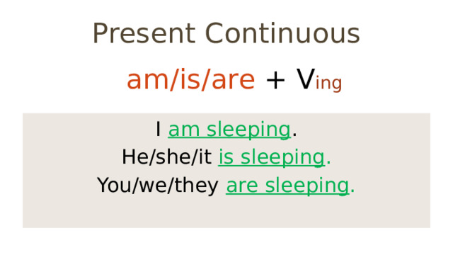 Present Continuous am/is/are + V ing I am sleeping . He/she/it is sleeping . You/we/they are sleeping . 