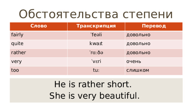 Обстоятельства степени Слово Транскрипция fairly Перевод ˈ fe ə li quite довольно kwa ɪ t rather very ˈ r ɑː ð ə довольно довольно ˈ v ɛ ri too очень tu ː слишком He is rather short.  She is very beautiful.  