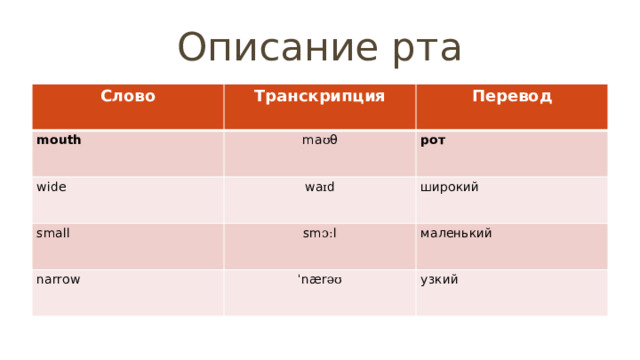 Описание рта Слово Транскрипция mouth Перевод ma ʊ θ wide рот wa ɪ d small широкий sm ɔː l narrow маленький ˈ nær əʊ узкий 
