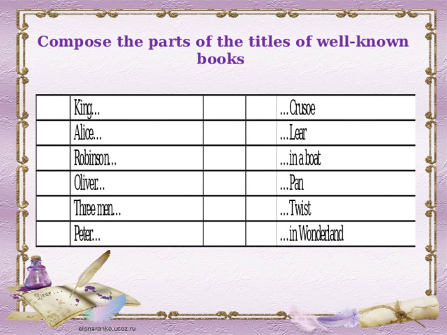  Compose the parts of the titles of well-known books 