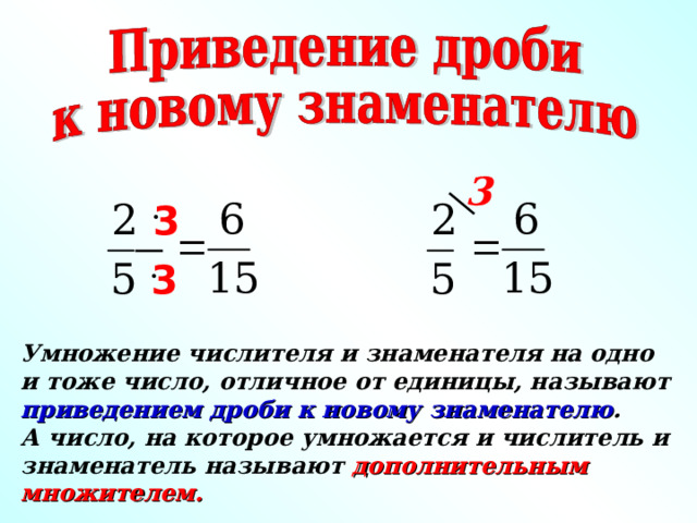 3 3 3 Г.В. Дорофеев, Л.Г. Петерсон, 5 класс (часть 2). Умножение числителя и знаменателя на одно и тоже число, отличное от единицы, называют приведением дроби к новому знаменателю . А число, на которое умножается и числитель и знаменатель называют дополнительным множителем. 6 