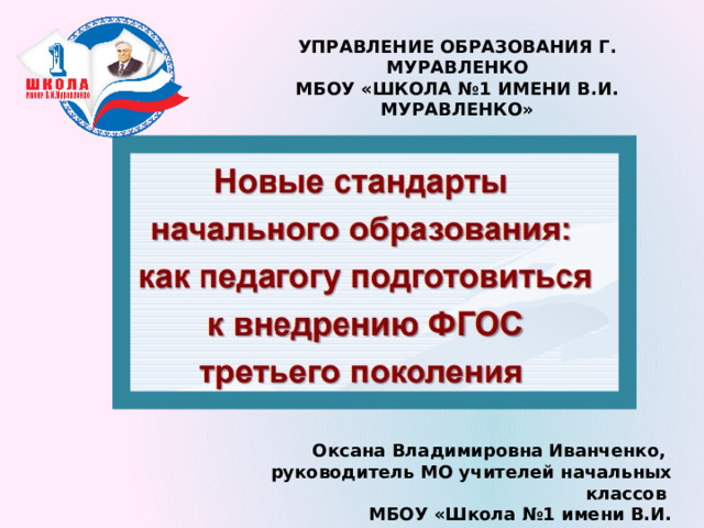 УПРАВЛЕНИЕ ОБРАЗОВАНИЯ Г. МУРАВЛЕНКО МБОУ «ШКОЛА №1 ИМЕНИ В.И. МУРАВЛЕНКО» Оксана Владимировна Иванченко, руководитель МО учителей начальных классов МБОУ «Школа №1 имени В.И. Муравленко» 