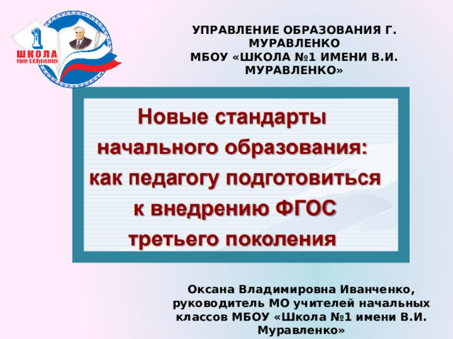 УПРАВЛЕНИЕ ОБРАЗОВАНИЯ Г. МУРАВЛЕНКО МБОУ «ШКОЛА №1 ИМЕНИ В.И. МУРАВЛЕНКО» Оксана Владимировна Иванченко, руководитель МО учителей начальных классов МБОУ «Школа №1 имени В.И. Муравленко» 