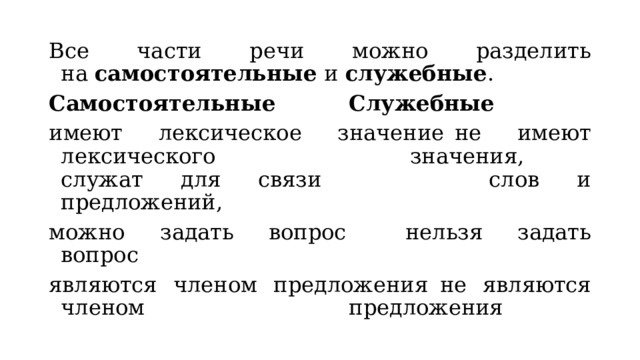 Все части речи можно разделить на  самостоятельные  и  служебные . Самостоятельные     Служебные имеют лексическое значение  не имеют лексического        значения,  служат для связи       слов и предложений, можно задать вопрос    нельзя задать вопрос  являются членом предложения  не являются членом          предложения 