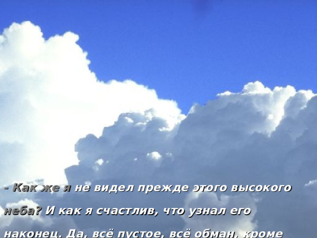 - Как же я не видел прежде этого высокого неба? И как я счастлив, что узнал его наконец. Да, всё пустое, всё обман, кроме этого бесконечного неба. 