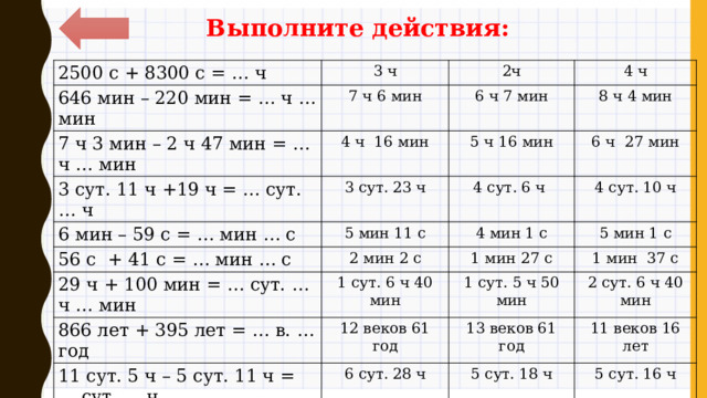 Выполните действия: 720 сут. – 50 ч = … сут. … ч 32 ч + 132 мин = … сут. …ч … мин 718 сут. 5 ч 2 сут. 9 ч 22 мин 7 ч – 2 ч 20 мин = … ч … мин 717 сут. 22 ч 719 сут. 20 ч 5 в. – 44 года = … в. … лет 1 сут. 10 ч 12 мин 3 ч 50 мин 4 ч 40 мин 3 века 66 лет 10 лет – 15 мес. = … лет … мес. 1 сут. 11 ч 11 мин 2 ч 30 мин 4 века 66 лет 9 лет 9 мес. 7 сут. + 19 ч = … ч 200 ч 4 века 56 лет 8 лет 11 мес. 4 сут – 13 ч = … сут. … ч. 187 ч 8 лет 9 мес. 3 сут. 11 ч 320 с + 280 с = … мин 178 ч 11 мин 3 сут. 15 ч 52 ч +34 ч = … сут. … ч 10 мин 3 сут. 14 ч 8 ч – 11 с = … ч … мин … с 3 сут. 20 ч 13 мин 4 сут. 16 ч 7 ч 59 мин 49 с 3 сут. 15 ч 6 ч 59 мин 49 с 7 ч 49 мин 59 с 