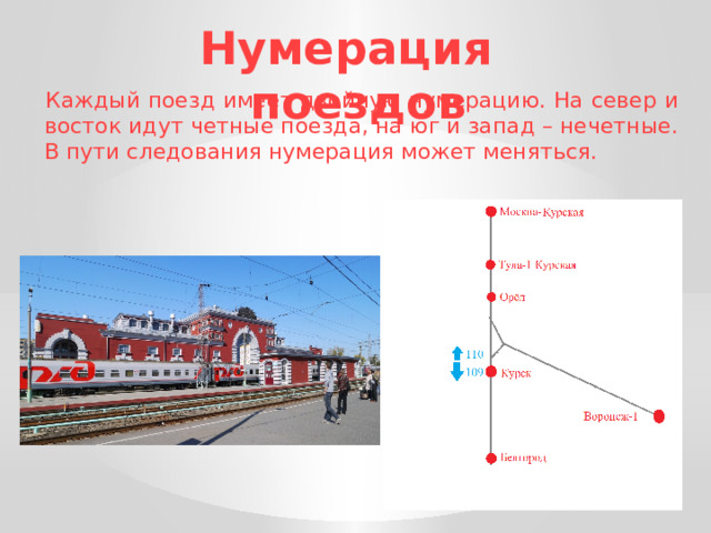 Нумерация поездов  Каждый поезд имеет двойную нумерацию. На север и восток идут четные поезда, на юг и запад – нечетные. В пути следования нумерация может меняться. 