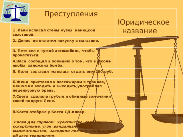 Как называются юридические документы. Правовая игра. Преступить закон. Задачи правовой игры.