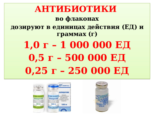 АНТИБИОТИКИ во флаконах дозируют в единицах действия (ЕД) и граммах (г) 1,0 г – 1 000 000 ЕД 0,5 г – 500 000 ЕД 0,25 г – 250 000 ЕД 