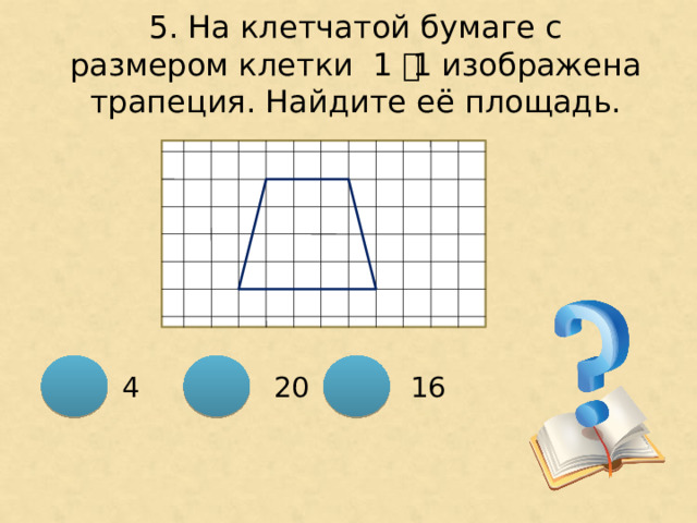 5. На клетчатой бумаге с размером клетки 1 ͯ 1 изображена трапеция. Найдите её площадь. 16 20 4 