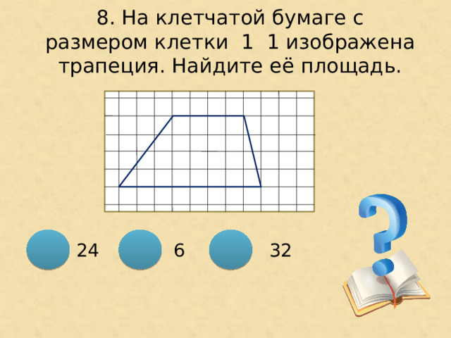 8. На клетчатой бумаге с размером клетки 1 ͯ 1 изображена трапеция. Найдите её площадь. 24  6 32 